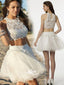 White Halter Lace Two Pieces Short Beach Wedding Bridesmaid Homecoming Dress, BD0093