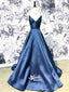 Simple Blue Satin Lace Up Back Long Prom Dresses, MD1108