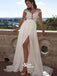 Long Cap Sleeve White Side Slit Lace Chiffon Cheap Prom Dresses, On Sale Wedding Dress, PD0046