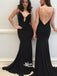 Spaghetti Straps Sexy Simple Backless Black Deep V Neck Evening Long Party Prom Dress, PD0060