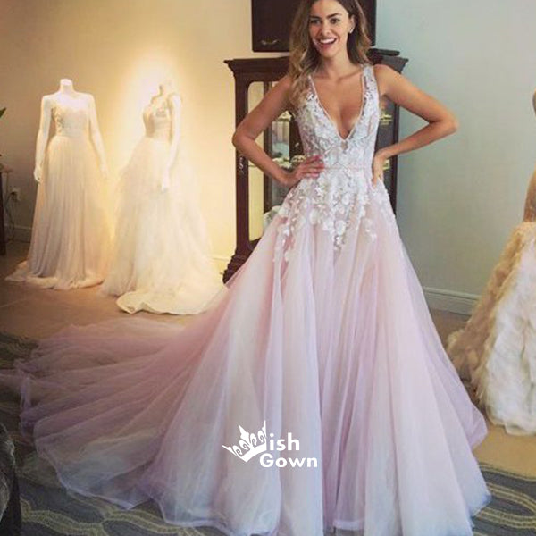 V-Neck Sexy A-line Organza Appliques Charming Most Popular Evening Long Prom Dress, PD0128