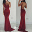 Backless Spaghetti Straps Sexy Burgundy V-neck Mermaid Evening Inexpensive Long Prom Dresses, PD0161