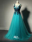 Tulle V-Back Floor-length Black Apllique A Line Formal Inexpensive Evening Long Prom Dress, PD0202