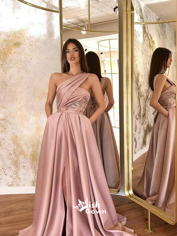 Elegant Dusty Pink One Shoulder A-line Side Split Long Prom Dresses, PG1116