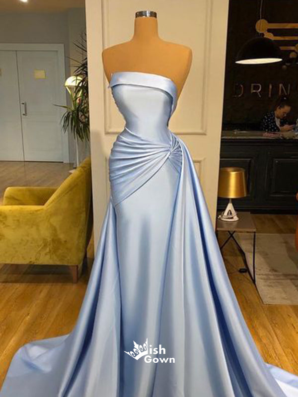 Chic Blue Pleats Soft Satin Strapless A-line Long Evening Gown Prom Dresses, PG1166