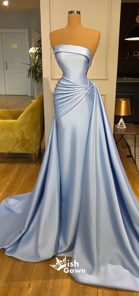 Chic Blue Pleats Soft Satin Strapless A-line Long Evening Gown Prom Dresses, PG1166