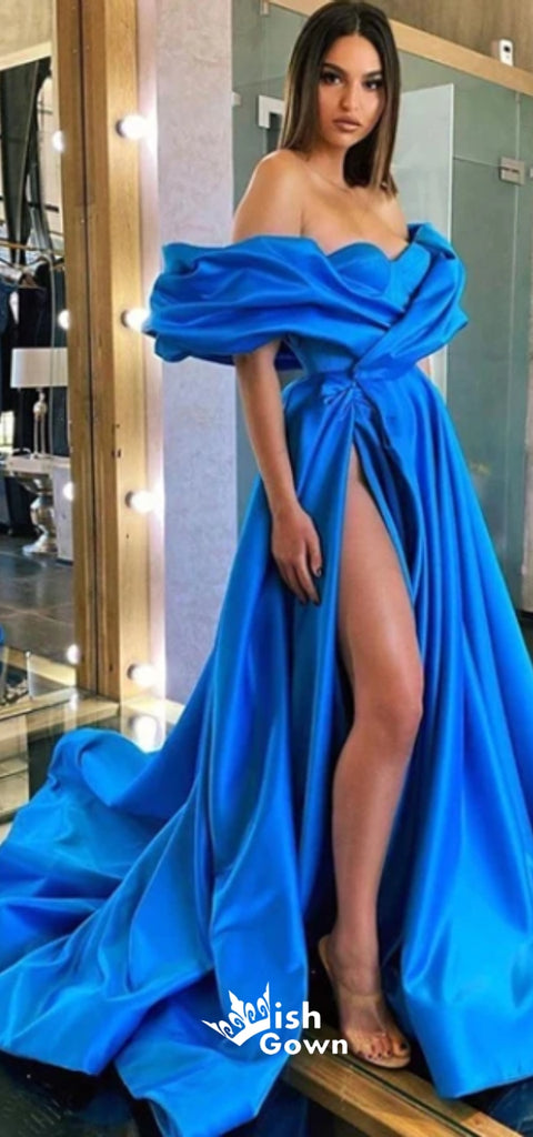 Off Shoulder High Split Robe De Soiree Blue Long A-line Prom Dresses, PG1170