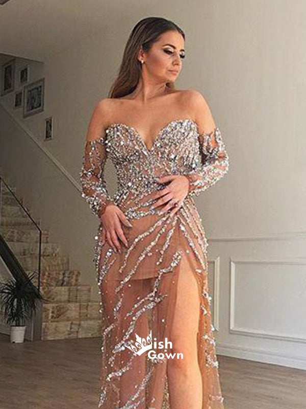 Sweetheart Long Sleeves Side Slit Beaded See Through Long Prom Dresses, SG153