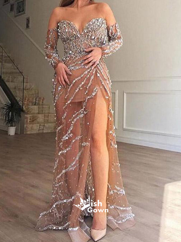 Sweetheart Long Sleeves Side Slit Beaded See Through Long Prom Dresses, SG153