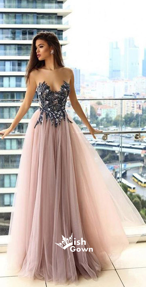 Popular Tulle Applique A Line Long Prom Dresses, SG164