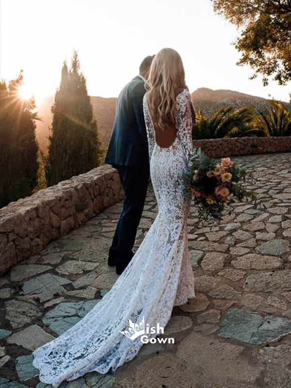 Lace Mermaid V Neck Open Back Long Bridal Wedding Dresses, STZ318