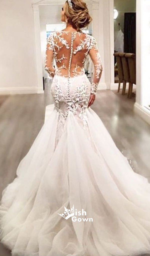 Luxury See Through Long Sleeve Sexy Mermaid Lace Tulle Wedding Dresses, WD0198