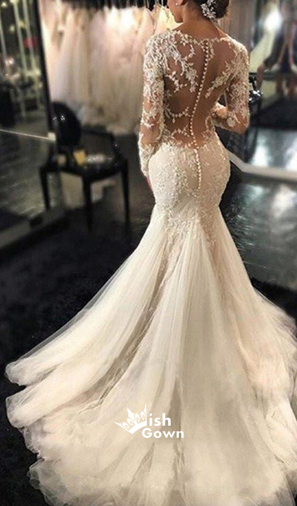 Luxury See Through Long Sleeve Sexy Mermaid Lace Tulle Wedding Dresses, WD0198