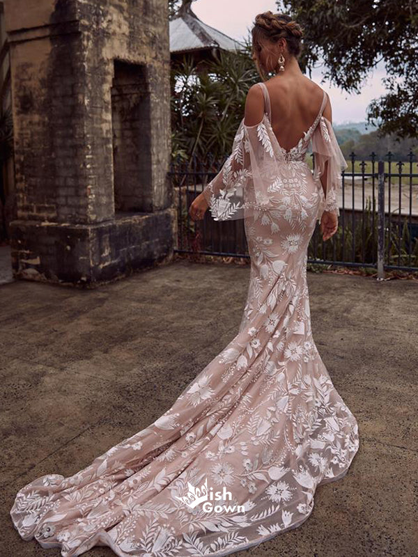 Charming Dusty Pink V-back Mermaid Applique Lace Long Wedding Dresses WDH010