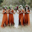 Pretty Side Slit Burnt Orange Simple Spaghetti Strap Long Beach Wedding Bridesmaid Dresses, WG030