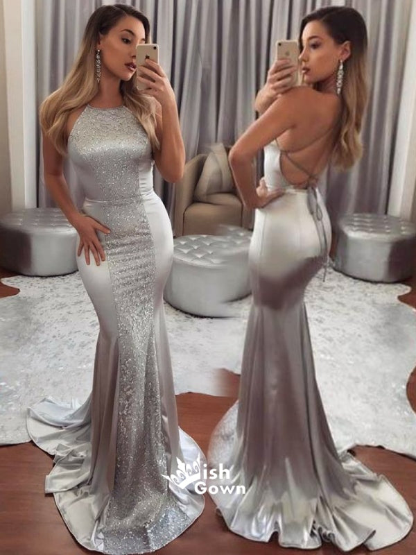 Silver Halter Open Back Mermaid Sexy Cheap Long Evening Prom Dresses, WG1018