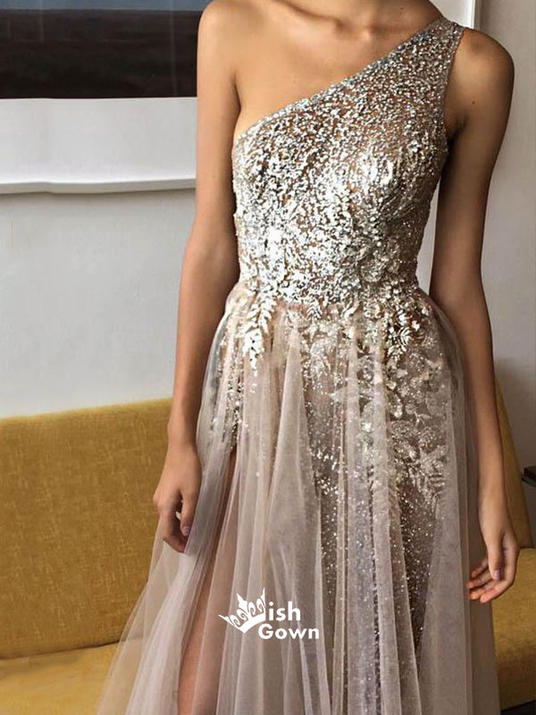 One Shoulder Shinning Side Split Elegant Long Prom Dresses, WG1039