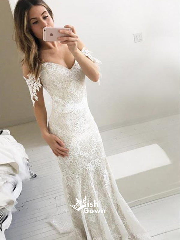 Affordable Off the Shoulder Mermaid Lace Long Prom Wedding Dresses, WG1042