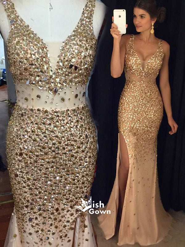 Sexy Mermaid Sparkle Heavy Beaded Side Split Evening Long Prom Dresses, WG1074