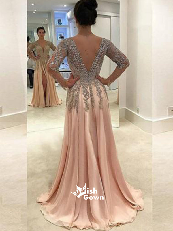 Long Sleeves Side Split V Neck Beaded V Back Long Prom Dresses, WG1085