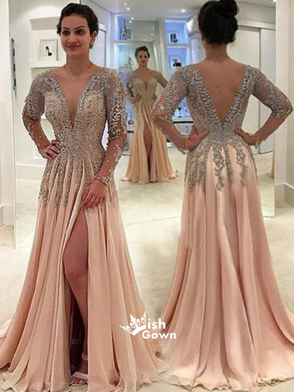 Long Sleeves Side Split V Neck Beaded V Back Long Prom Dresses, WG1085