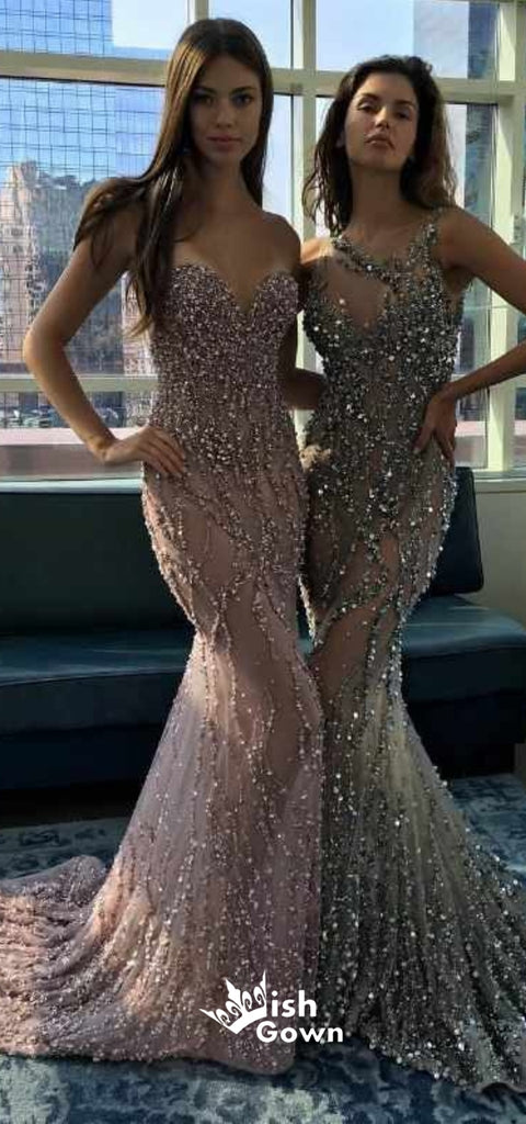 Popular Sexy Mermaid Beaded Seen Through Open Back Long Prom Dresses, WG1097