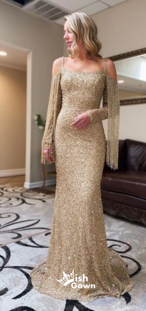 Sparkly Sequins Off Shoulder Tassels Long Sleeves Mermaid Sexy Long Evening Prom Dresses, WG1105