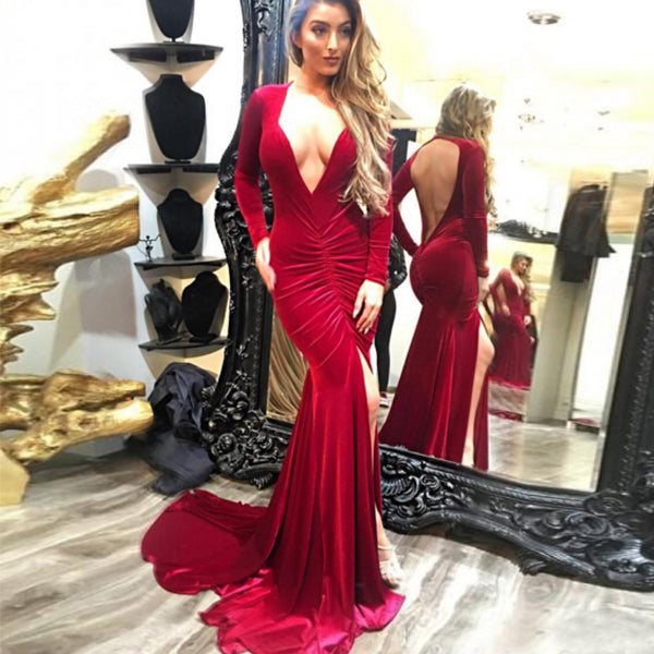 Dark Red Deep V-neck Pleats Long Sleeves Mermaid Side Split Evening Long Prom Dresses With Trailing, WG1113