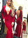 Dark Red Deep V-neck Pleats Long Sleeves Mermaid Side Split Evening Long Prom Dresses With Trailing, WG1113