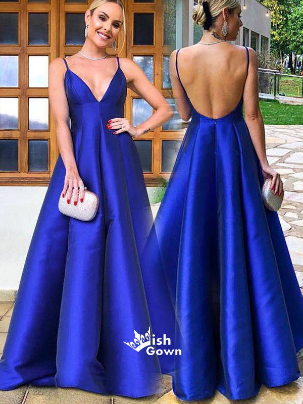 Elegant Spaghetti Straps Royal Blue Satin Prom Dress, WG555