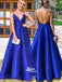 Elegant Spaghetti Straps Royal Blue Satin Prom Dress, WG555