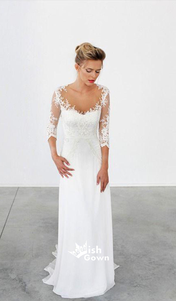 Unique Lace 3/4 Sleeve White Formal Cheap Beach Long Wedding Dresses, WG655