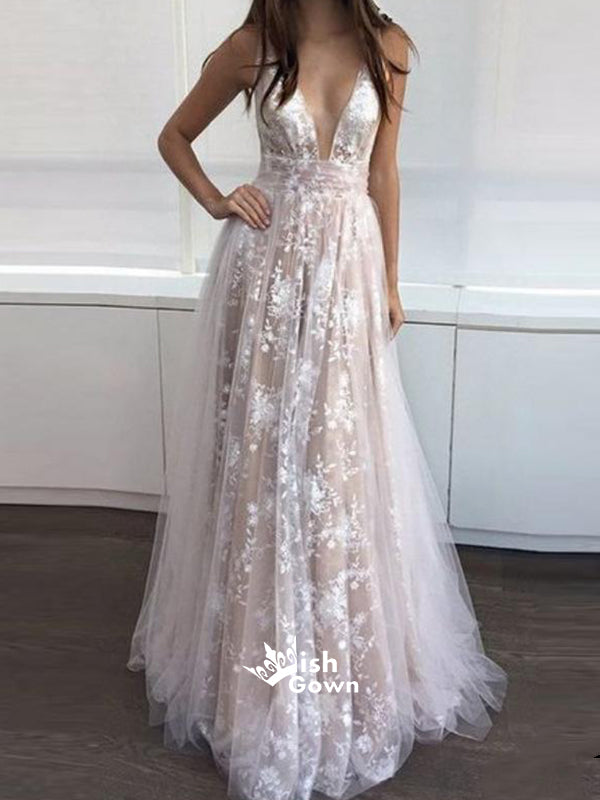 Most Popular Deep V Neck Sexy Applique Tulle Long Prom Dresses, WG744