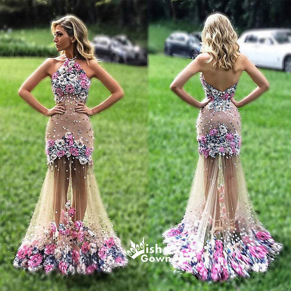 Unique Gorgeous Halter Open Back Pretty Long Prom Dresses, WG750