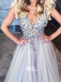 Elegant Pale Grey A-line Tulle V-neck Beaded Top Sexy Popular Long Prom Dresses, WG777