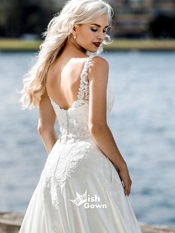 Gorgeous Appliqued V-neck White Elegant Bridal Long Wedding Dresses, WGB004