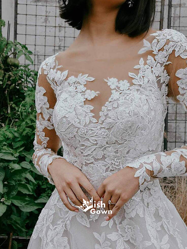 Sexy Long Sleeves Lace Tulle Appliques A-line Wedding Party Dresses With Trailing, WGB012