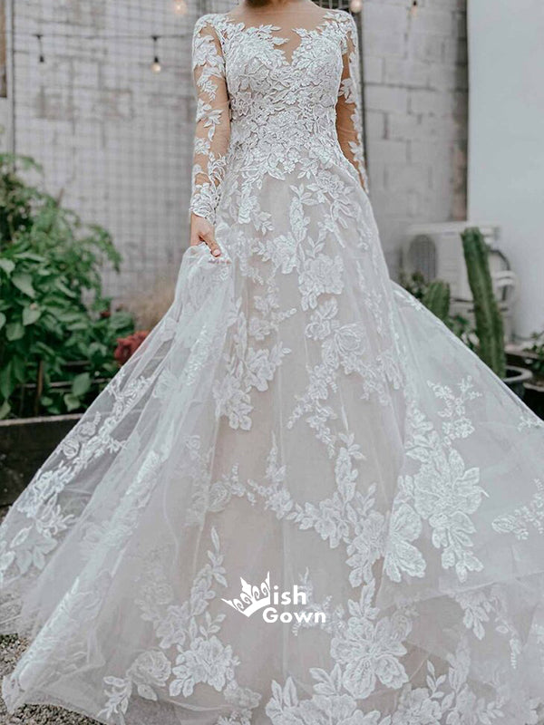 Sexy Long Sleeves Lace Tulle Appliques A-line Wedding Party Dresses With Trailing, WGB012