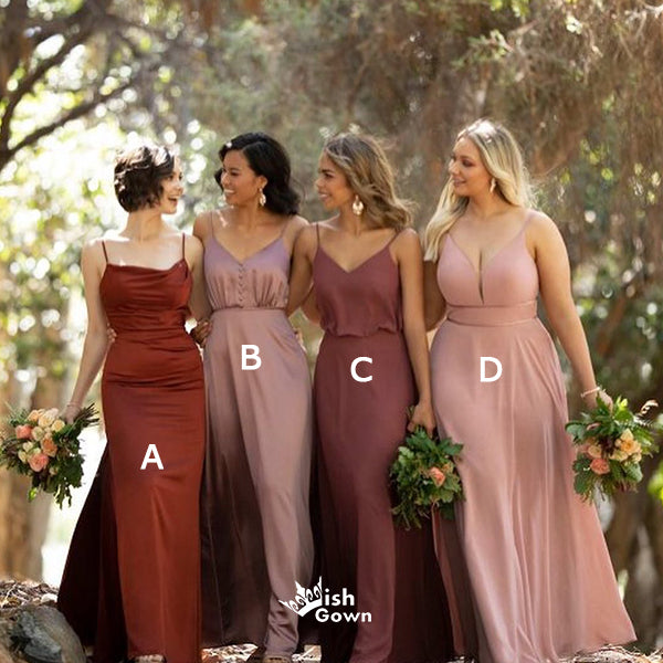 Dusty Rose Mismatched V-Neck Long Cheap Wedding Bridesmaid Dresses, WGM002