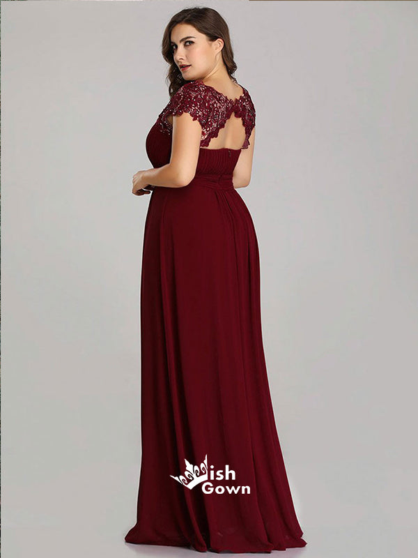 Burgundy Lace Cap Sleeves A-line Chiffon Long Wedding Guest Bridesmaid Dresses, WGM020