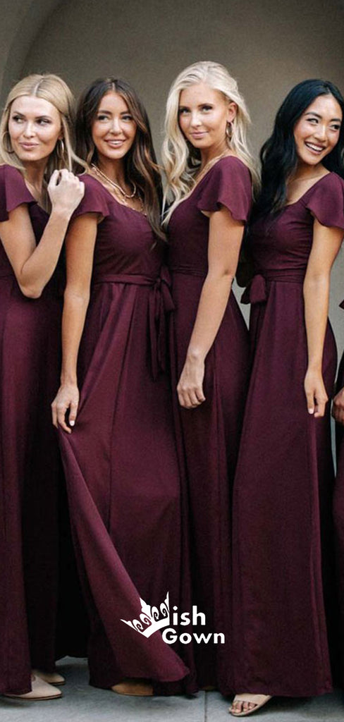 Square Collar Burgundy Short Sleeves High Waist A-line Long Bridesmaid Dresses, WGM021