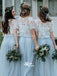 Two Pieces Ivory Lace Short Sleeve A-line Blue Tulle Long Bridesmaid Prom Dresses, WGM024