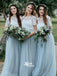 Two Pieces Ivory Lace Short Sleeve A-line Blue Tulle Long Bridesmaid Prom Dresses, WGM024