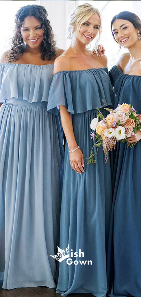 Different Blue Off Shoulder Chiffon A-line Wedding Guest Long Bridesmaid Dresses, WGM025