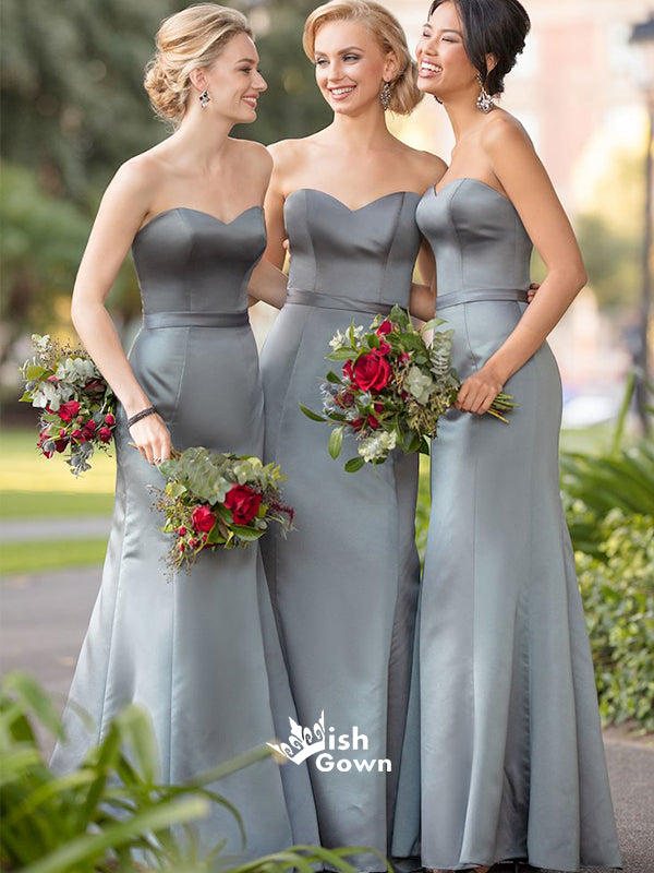 Grey Sweetheart Strapless Mermaid Satin Wedding Guest Dress Long Bridesmaid Dresses, WGM026