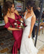 Burgundy Champagne Off Shoulder Spaghetti Strap Mermaid Soft Satin Bridesmaid Dresses, WGM031