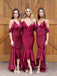 Burgundy Champagne Off Shoulder Spaghetti Strap Mermaid Soft Satin Bridesmaid Dresses, WGM031