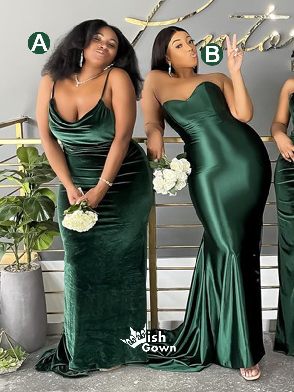 Dark Green Mismatched Sweetheart Satin Velvet Mermaid Bridesmaid Dresses, WGM046