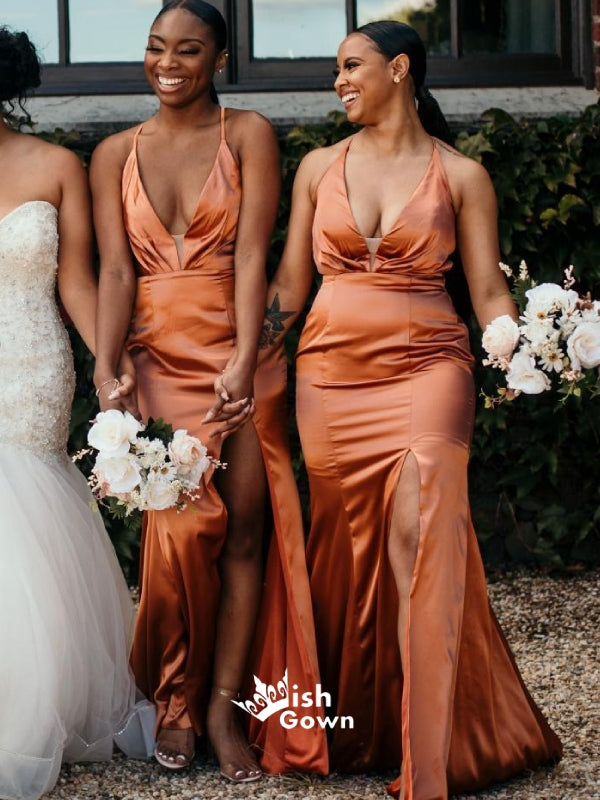 Soft Satin Spaghetti Straps V-neck Backless Sexy Slits Long Bridesmaid Dresses, WGM078