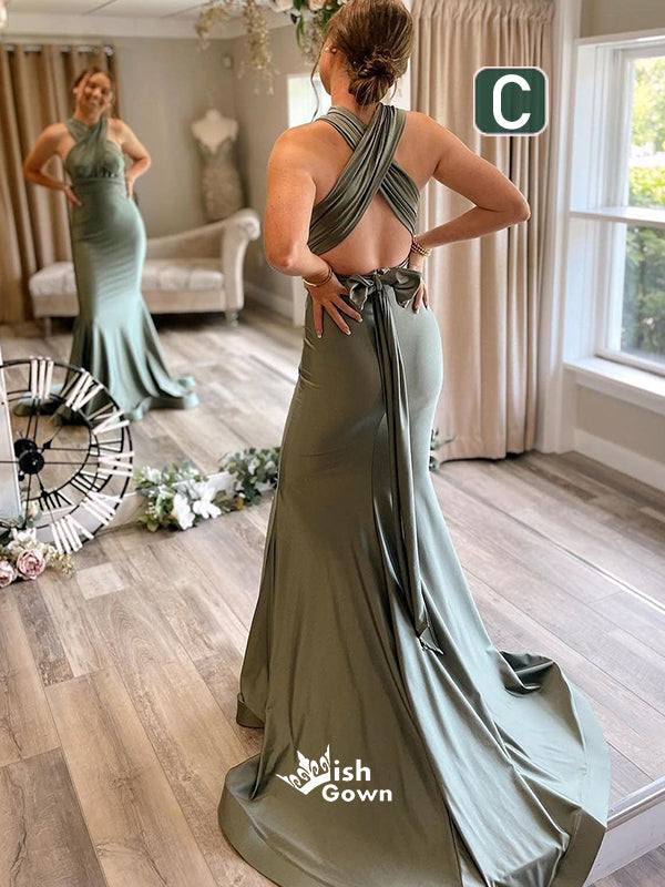 Chic Convertible Soft Satin Backless Long Mermaid Bridesmaid Dresses, WGM101